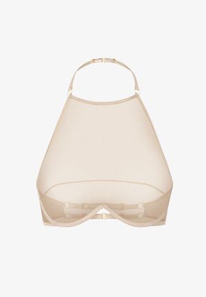 Beige Netz-BH mit hohem Kragen, verstellbaren Trägern und goldfarbener Hardware. Bietet eine nahtlose Silhouette und einen Haken-und-Ösen-Verschluss auf der Rückseite.