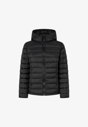 Giubbotto puffa nero con zip frontale, cappuccio e design trapuntato che presenta strisce orizzontali per l'isolamento e la texture.