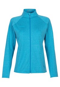 Niebieska, długorękawowa kurtka zapinana na zamek, wykonana z teksturowanej tkaniny z wystającym kołnierzem. Posiada boczne kieszenie i subtelny logo z przodu.