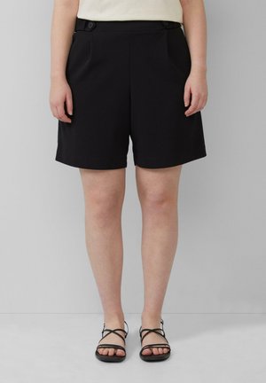 Black shorts with a flat front, two buttons on the waistband, and side pockets; lightweight fabric with a smooth texture.