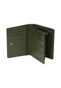 Portefeuille en cuir vert foncé ouvert montrant plusieurs emplacements pour cartes et un compartiment à monnaie zippé avec fermetures à pression.