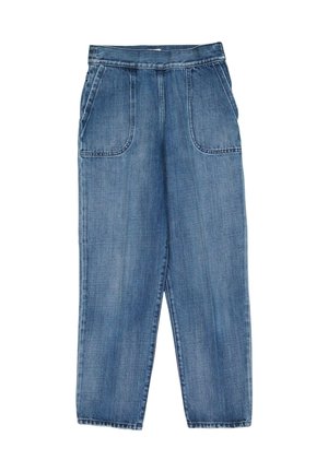 Pantalon en jean bleu avec taille élastique et grandes poches plaquées devant, coupe droite et détails de couture visibles.