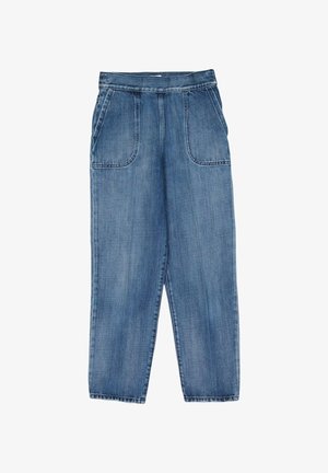 Pantalon en jean bleu avec taille élastique et grandes poches plaquées devant, coupe droite et détails de couture visibles.