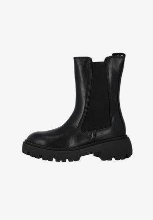 Sorte læder ankelstøvler med elastiske sidepaneler, tykk gummisål og rund tå. Har struktureret overflade og robust konstruktion.
