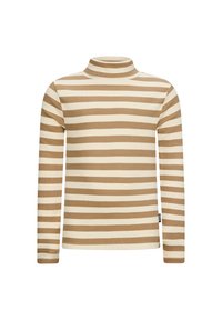 Maglione a collo alto a righe in beige e bianco sporco, caratterizzato da maniche lunghe e una texture a coste. Le righe verticali alternano colore e larghezza.
