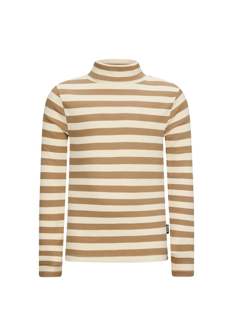 Maglione a collo alto a righe in beige e bianco sporco, caratterizzato da maniche lunghe e una texture a coste. Le righe verticali alternano colore e larghezza.