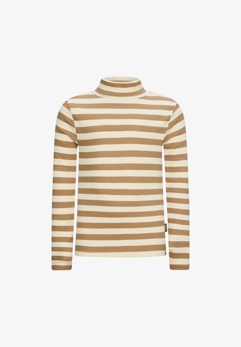 Maglione a collo alto a righe in beige e bianco sporco, caratterizzato da maniche lunghe e una texture a coste. Le righe verticali alternano colore e larghezza.
