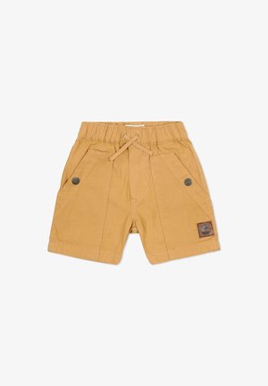 Khaki shorts met een elastische tailleband, aantrekkoord, twee voorzakken en een bruin logoplaatje aan de linkerkant. Soepele textuur.
