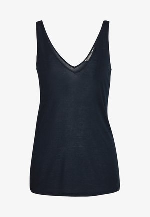 Mouwloos marineblauw dames tanktop met V-hals, getailleerde pasvorm en een gladde stoftextuur.