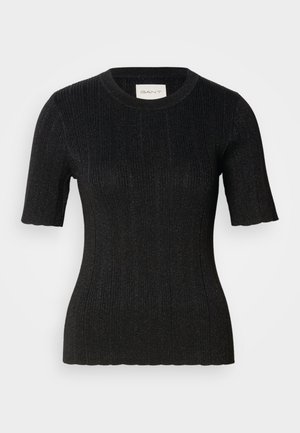Black ribbed short-sleeve top made of a textured fabric with subtle shine. Features a round neckline and fitted silhouette. GANT label visible.