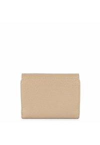 Portafoglio in pelle beige con finitura testurizzata, forma rettangolare e discreti dettagli di cucitura sui bordi. Design compatto e minimalista.