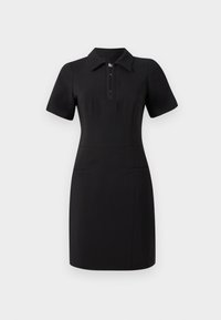 Black dress with a collared neckline, short sleeves, and a front zipper. Features two front pockets and a fitted silhouette. Smooth texture.