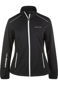 Schwarze Softshelljacke mit hohem Kragen, weißem Reißverschluss und Seitentaschen. Verfügt über reflektierende Akzente und "Endurance"-Branding am Ärmel.