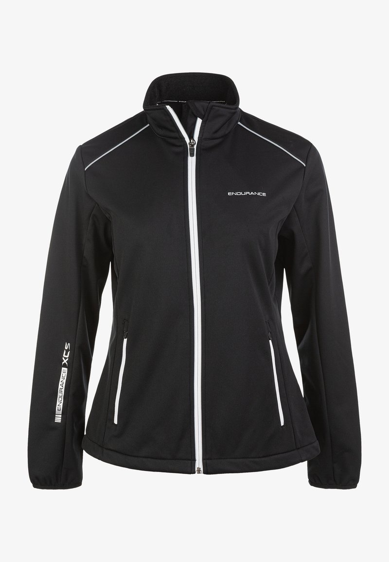 Black softshell jacket with a high collar, white zip, and side pockets. Features reflective accents and "Endurance" branding on sleeve.