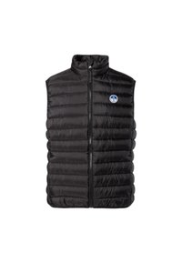 Gilet noir matelassé avec un motif de couture vertical, col haut, fermeture éclair à l'avant et un écusson rond sur la poitrine gauche. Matériau léger.