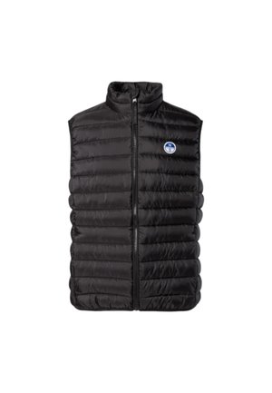 Gilet imbottito nero con motivo a righe verticali, colletto alto, zip frontale e patch circolare con logo sul lato sinistro del petto. Materiale leggero.