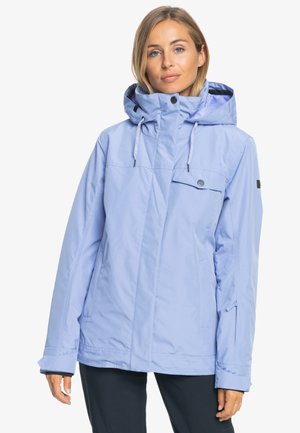 Hellblaue, wasserabweisende Jacke mit Kapuze, Frontreißverschluss und Druckknopf-Akzenten; verfügt über eine Brusttasche und elastische Ärmelbündchen.