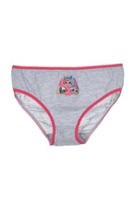 Mutande grigie con rifiniture rosa, caratterizzate da un design stampato con tre personaggi dei cartoni animati sul davanti. Tessuto morbido con una forma classica a slip.