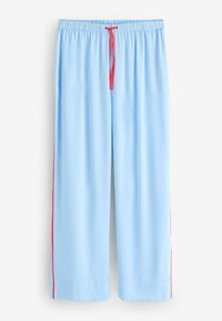 Világoskék, bőszárú nadrág gumis derékrésszel és piros húzózsinórral, piros csíkkal a külső oldalsó varrások mentén.