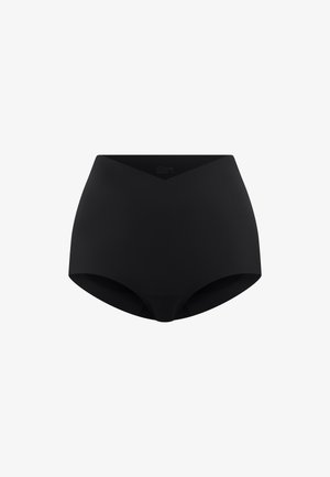 Wysokowarstwowa czarna bezszwowa damska bielizna z pasem w kształcie litery V, zaprojektowana dla gładkiego i wygodnego dopasowania.