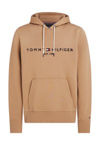 Felpa con cappuccio marrone in cotone con tasca frontale, coulisse regolabili e logo "TOMMY HILFIGER". Include un dettaglio con bandiera ricamata sulla manica.