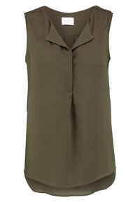Tunique sans manches de couleur olive en tissu lisse, avec un décolleté en V, de légères plis et un ourlet incurvé.