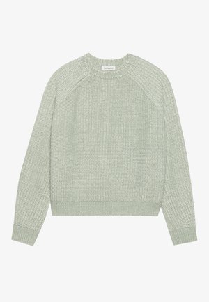 Mintgrønn strikket genser med rillet tekstur, rund hals og lange raglanermer. Hem og mansjetter har også rillete detaljer.