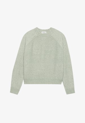 Pull en maille vert menthe avec texture côtelée, col rond et manches raglan longues. L'ourlet et les poignets présentent également des détails côtelés.