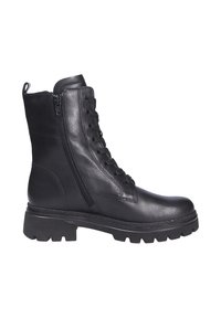 Bottines en cuir noir à lacets à l'avant, fermeture éclair sur le côté, semelle en caoutchouc épaisse et finition texturée. Caractéristiques d'un talon renforcé pour le soutien.