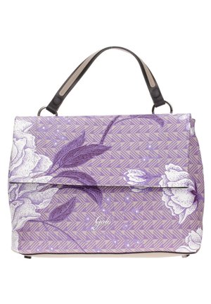 Borsa a tracolla viola con motivo floreale, sfondo geometrico, manico in pelle e dettaglio del logo. Texture liscia, chiusura a zip.