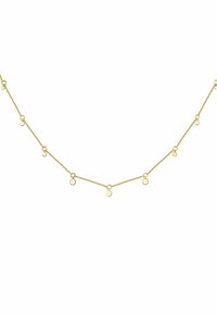 Collar de cadena en tono dorado que presenta eslabones circulares y pequeñas piezas redondas de acento espaciadas a lo largo de la cadena. Textura suave, diseño ligero.