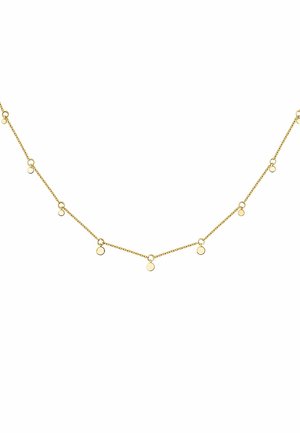 Collar de cadena en tono dorado que presenta eslabones circulares y pequeñas piezas redondas de acento espaciadas a lo largo de la cadena. Textura suave, diseño ligero.