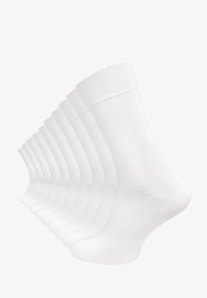 White cotton socks, featuring a ribbed cuff, smooth texture, and seamless design, arranged in a row for display.