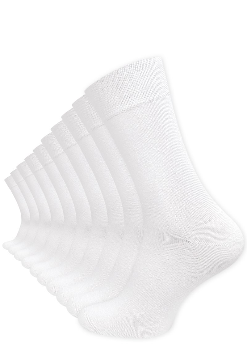 Calzini bianchi in cotone, con risvolto a coste, texture liscia e design senza cuciture, disposti in fila per la visualizzazione.
