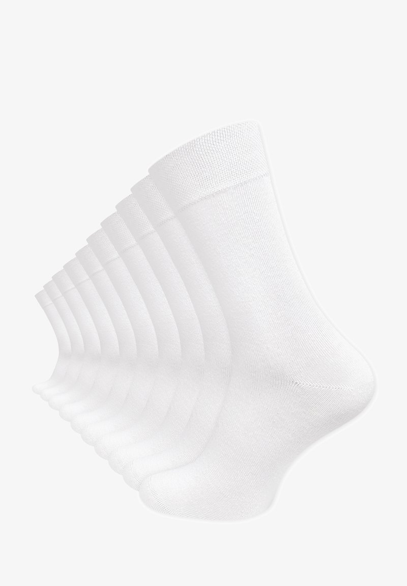 Calzini bianchi in cotone, con risvolto a coste, texture liscia e design senza cuciture, disposti in fila per la visualizzazione.