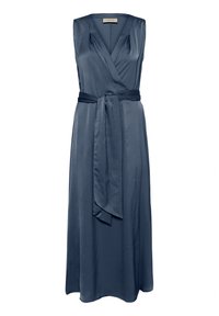 Marineblaue, ärmellose Wickelkleid mit V-Ausschnitt, Bindegürtel in der Taille, fließendem bodenlangen Rock und glatter Satinoberfläche.