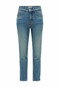 Jeans de mezclilla azul con cintura alta, corte recto, desvanecimiento sutil y diseño clásico de cinco bolsillos. Presenta un cierre de botón y trabillas para el cinturón.