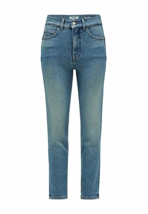 Jean en denim bleu avec taille haute, coupe droite, décoloration subtile, et design classique à cinq poches. Dispose d'une fermeture à bouton et de passants de ceinture.