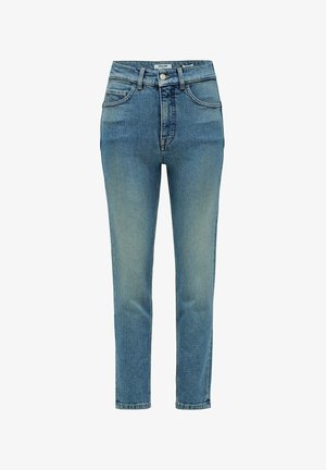 Jean en denim bleu avec taille haute, coupe droite, décoloration subtile, et design classique à cinq poches. Dispose d'une fermeture à bouton et de passants de ceinture.