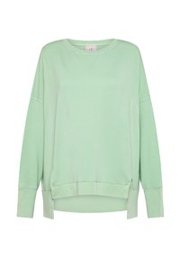 Vaaleanvihreä collegepaita, valmistettu puuvillasekoitteesta. Siinä on pyöreä kaula-aukko, laskettu olkapää, sivuhalkiot ja rento istuvuus resorihihoilla.