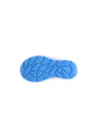 Sole of a shoe with a textured blue rubber bottom and white side. Features a zigzag pattern for traction and durability.