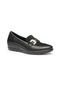 Mocassini neri in pelle per donna con tacco basso a cuneo e fibbia decorativa in metallo dorato su tomaia in suede.