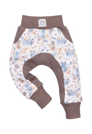 Katoenen babybroek met een lichtgrijze stof, versierd met een speelse vos en bloemenprint, een bruine tailleband en boorden, en met zijzakken.