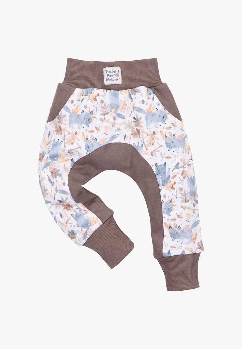 Baumwollbabyhose mit einem hellgrauen Oberteil, das mit einem verspielten Fuchs und floralem Muster verziert ist, brauem Bund und Bündchen sowie seitlichen Taschen.