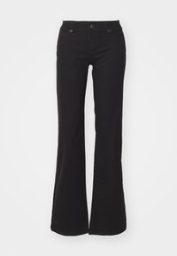 Black flared pants made from cotton with a zip fly and two buttons, featuring front pockets and a smooth texture. Simple and versatile design.