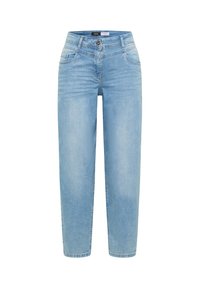 Light blue high-waist straight-leg denim jeans with front button, zipper, and five-pocket design on a white background.