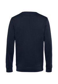 Marineblauwe sweatshirt met lange mouwen, ronde hals en een gladde textuur. Heeft ribgebreide manchetten en zoom, effen kleur, geen zichtbare patronen of accenten.