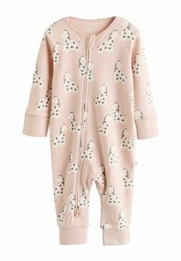 Lyserød baby heldragt med et mønster af hvide giraffer med sorte pletter. Lange ærmer, lynlås lukning og elastiske manchetter. Blødt cotton stof.