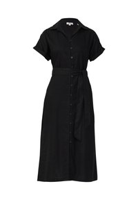 Abito in lino nero con bottoni frontali, maniche corte, colletto e una cintura in vita per una silhouette aderente.