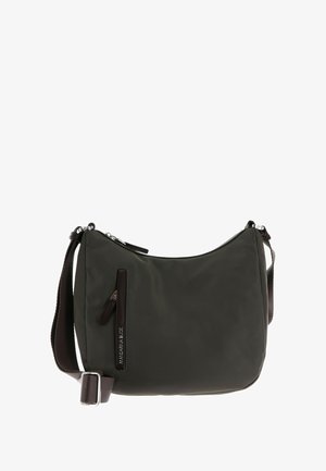 Sac à épaule synthétique noir vert avec une forme arrondie, une bandoulière ajustable et une poche zippée à l'avant avec un accent texturé.